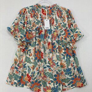 New Rose & Olive size 1X Colorful Floral Smocked Ruffle Blouse